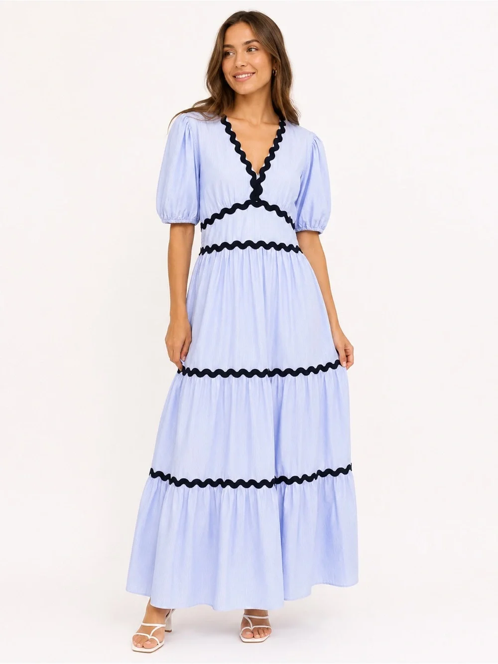 Blue Stripe Ric Rac Maxi Dress L Boho Prairie Coastal Cottage Tiered Truly 4 You